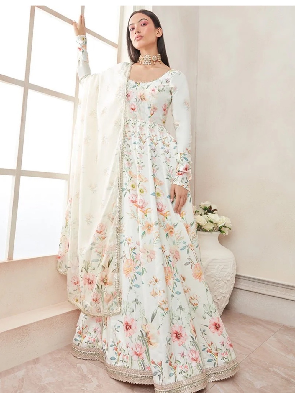 White Floral Long-Sleeve Anarkali Dress with Dupatta
